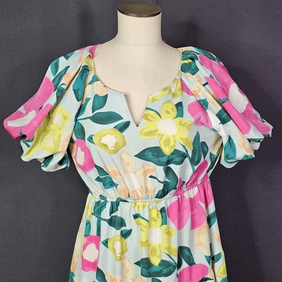 UMGEE MINT TIERED FLORAL PRINT NOTCHED PUFF SLEEVE MIDI DRESS - Picture 3 of 9